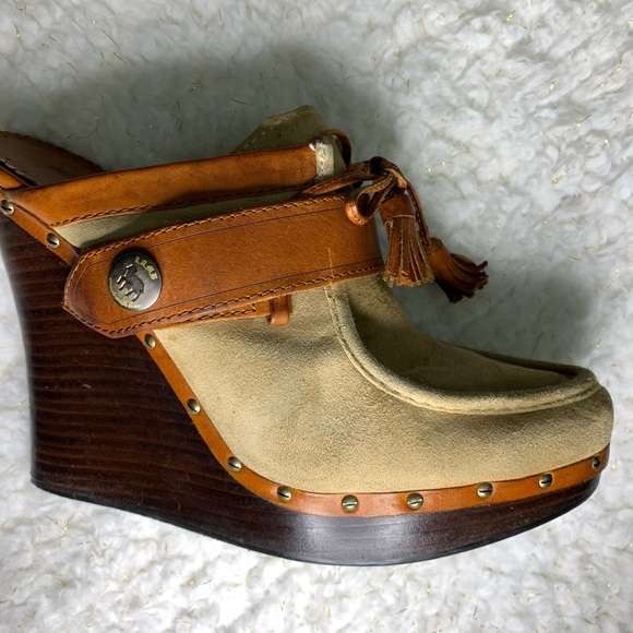 L. A.M.B. By Gwen Stefani tan suade & natural leather wedge clog/mule - Picture 10 of 16